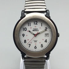 Vintage Timex Indiglo Watch Mens 36mm Datel Silver Tone Stretch Band New Battery