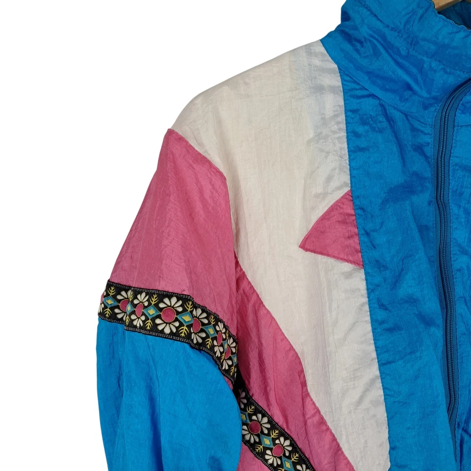 Chaqueta Grande Para Mujer Azul/Beige Poliéster Vintage Cremallera Chaqueta de Pista Foto 2 de 4