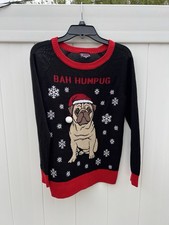 Ugly Christmas Sweater Womens Small Black Bah Hum Pug Dog Long Sleeve Holiday