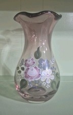 Fenton For Teleflora 8" Ruffled Purple Amethyst Glass Vase Hand-Painted Flowers