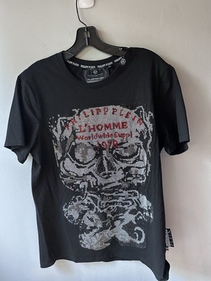 Philipp Plein Homme Skull Black T-Shirt Silver Rhinestones Studded XL