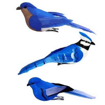 3pcs Blue Feathered Birds Ornaments Clip on Realistic Blue Jay Bluebird Indigo B