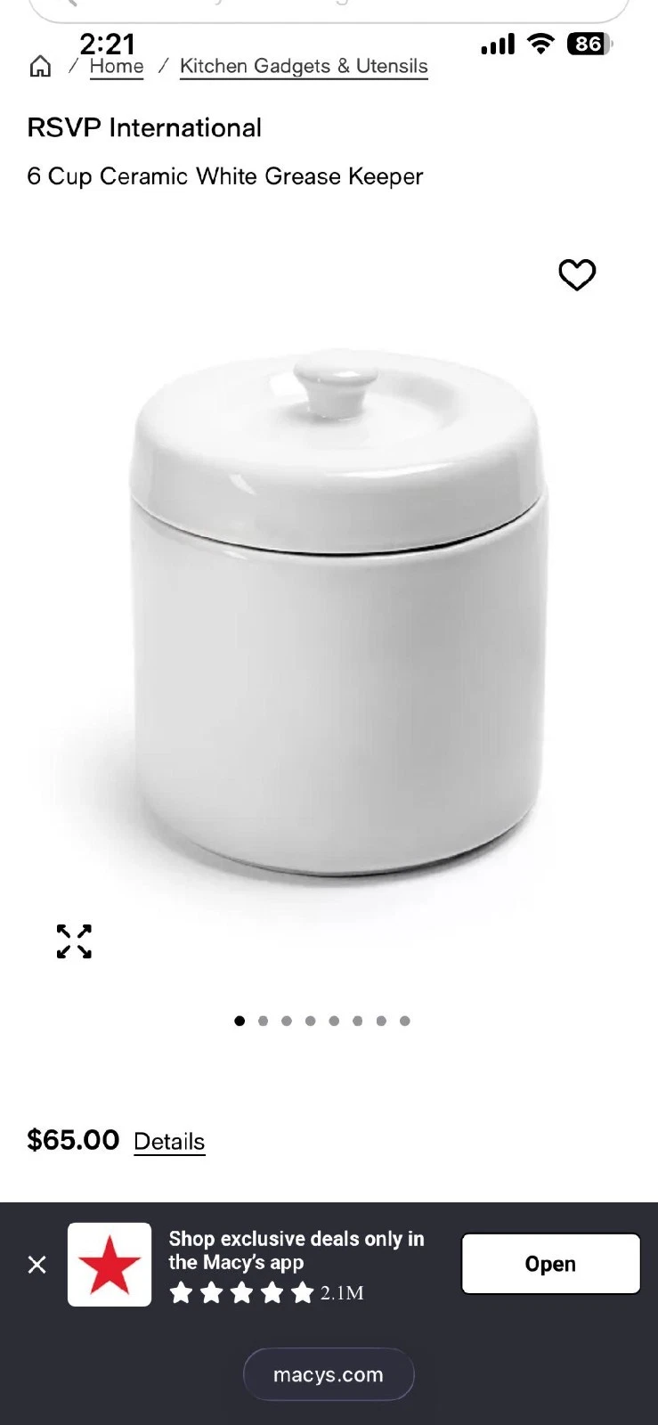 NEW By RSVP International Ceramic Grease Keeper 6 Cup White w/ Mesh Strainer