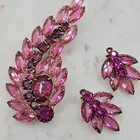 Vintage Weiss Rhinestone Brooch Clip On Earrings Set Leaf Design Costume Jewelry
