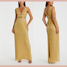 NWT 598 Mac Duggal  12  5625 Beaded Cap Sleeve V Neck Column Gown Gold J1429