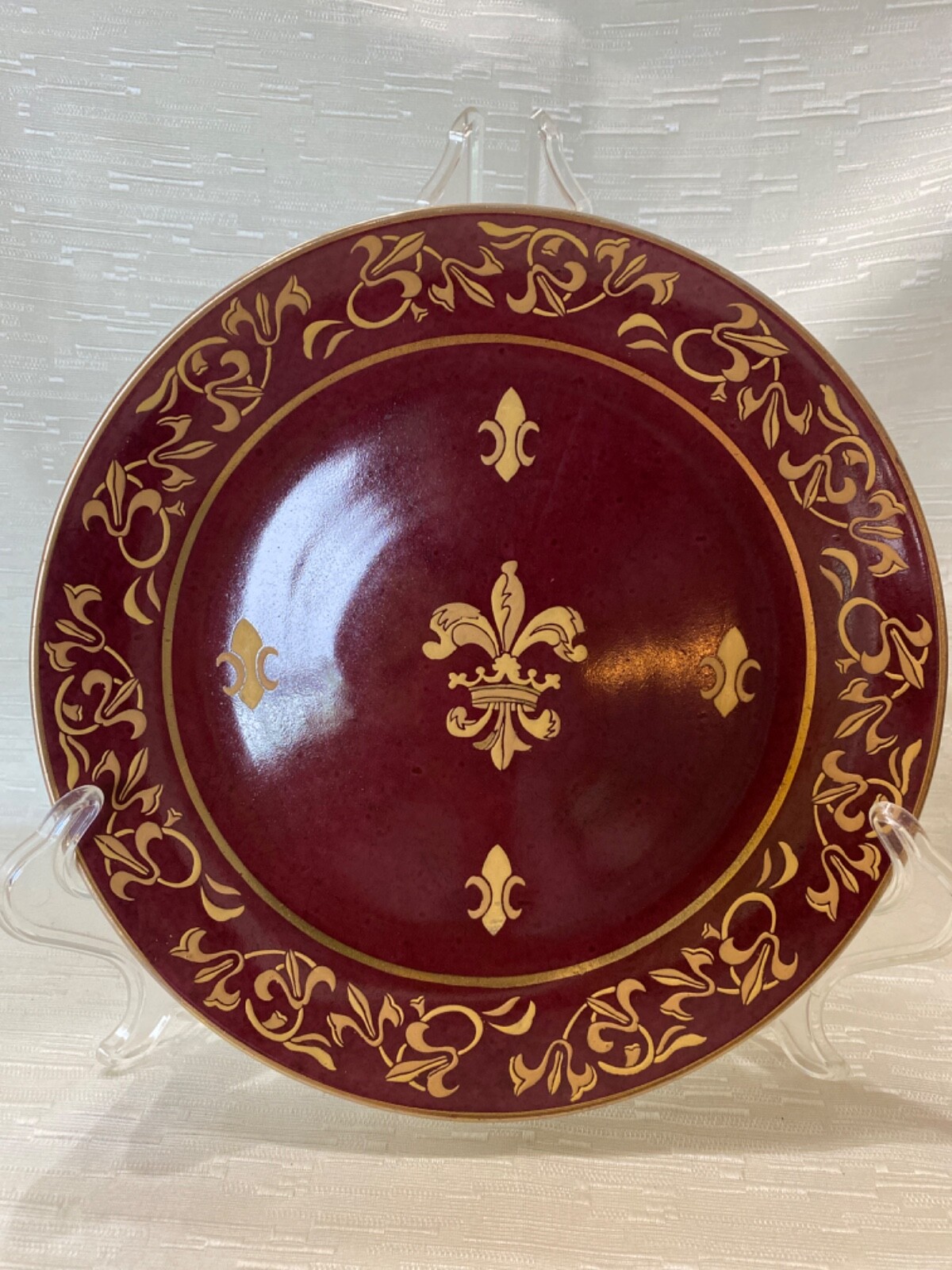 Vtg Fleur de Lis Hand-Painted Plate Andrea by Sadek Burgundy/Gold