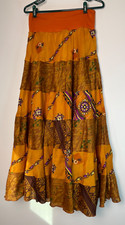 Vtg Paradise Layered Boho Maxi Skirt Sz S/M Orange Stretch Waist India