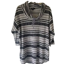 Signature Studio Sweater Womens 1X Gray Striped Cowl Neck Knit Pullover Top