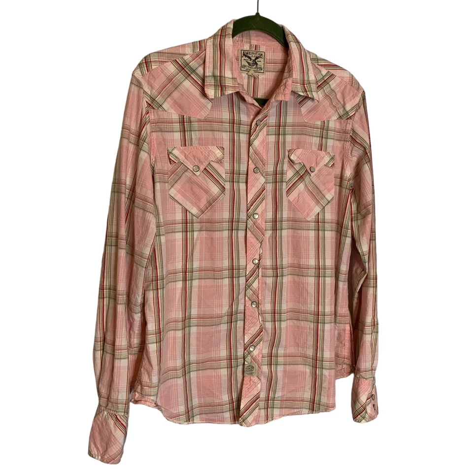 Blusa para mujer American Living grande rosa a cuadros manga larga perla a presión occidental Foto 3 de 4