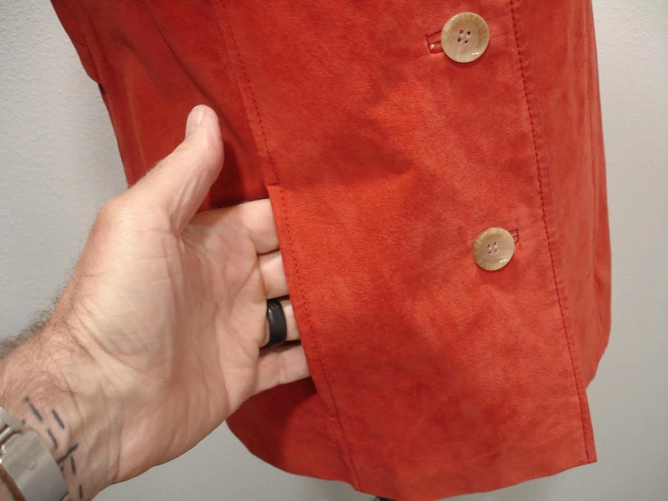 女式 XL Iman 红色麂皮绒皮革背心帽袖夹克口袋领纽扣 — 第 3/4 张图片