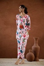 Women  s Pink Co-ord Set For Summer Lounge Wear Floral Printed Tracksuit Top Pant