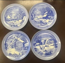 Currier & Ives Winter Scene Decorative Plates Gold Trim Vintage