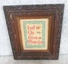 Antique Victorian Picture Frame Folk Art Needlepoint w Let Us Give Thanks