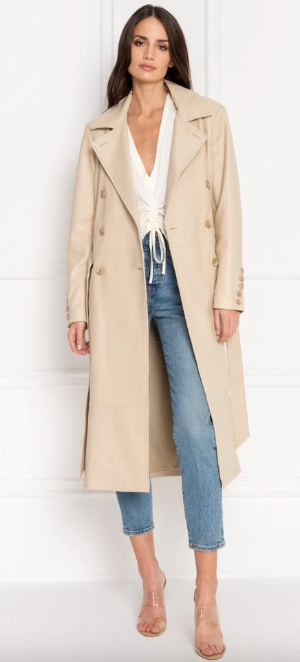 LAMARQUE Womens ERMA Beige Oversized Leather Trench Coat Beige XS NWT