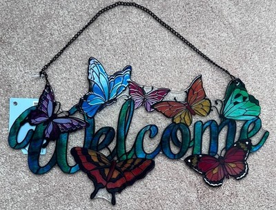 Glass Butterfly Welcome Sign Painted Faux Stained Glass Butterflies Window