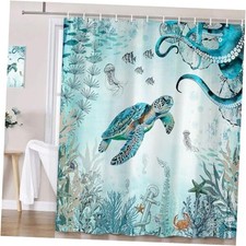 Sea Turtle Octopus Shower Curtain Blue Teal Ocean Bath 72"W x 72"L Pack of 1 