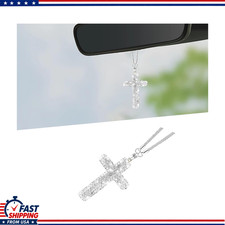 Cross Crystal Rhinestone Rearview Mirror Charm, Silver Vehicle Hanging Ornament