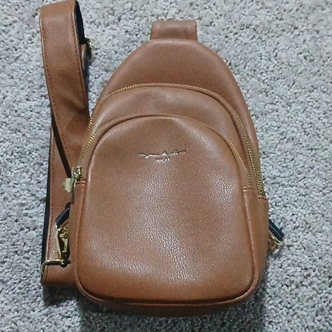 Brown Crossbody Bag Gold Hardware Adjustable Strap Classic Solid Travel Casual
