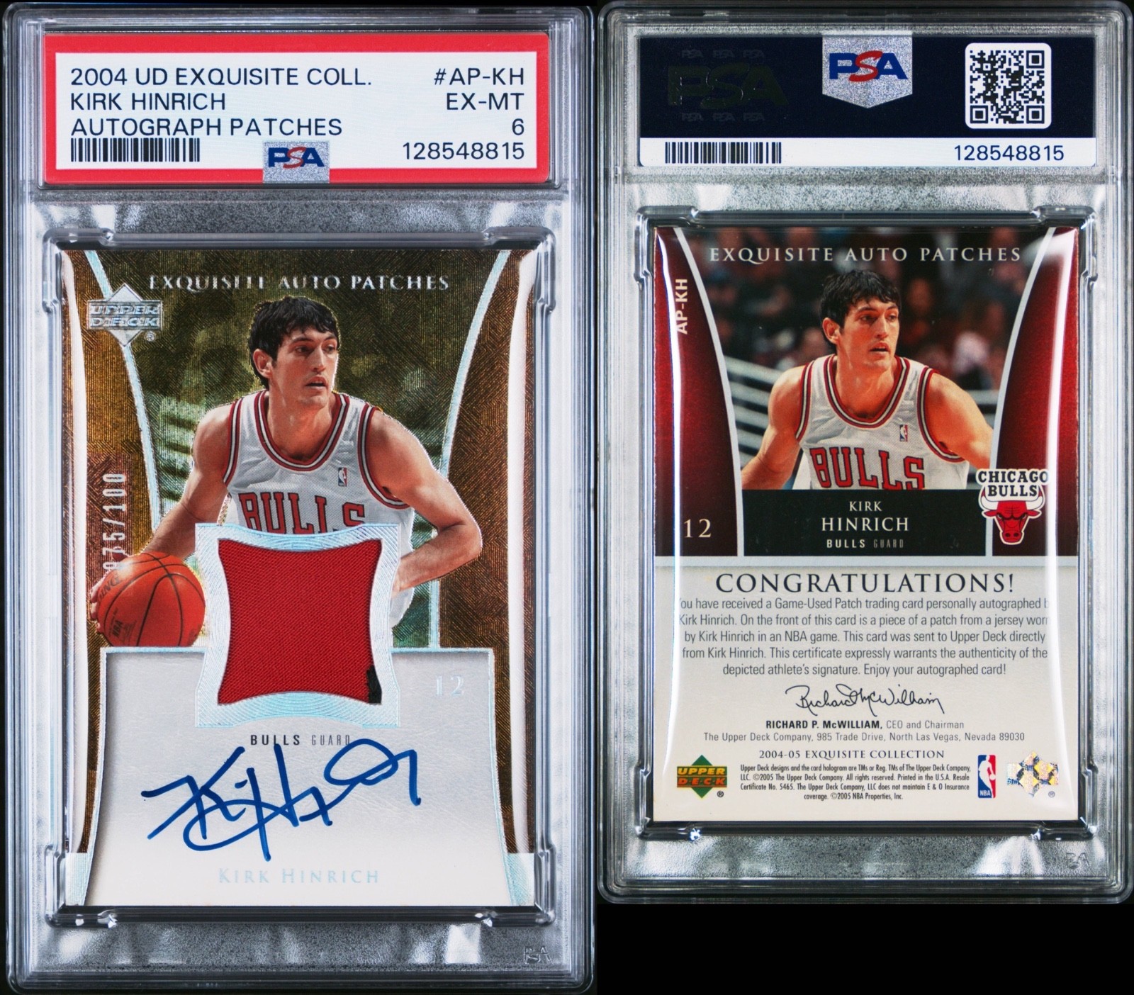 KIRK HINRICH 2004-05 Exquisite Game-Worn Patch Autograph 075/100 PSA 6 view 3