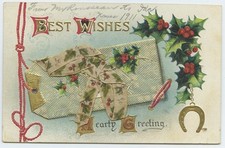 Best Wishes Hearty Greetings Gift Tag with Ribbon 1911 Antique Postcard Embossed
