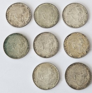 Deutsches Reich 2 Reichsmark 8 Silbermünzen 3x1937 3x1938 3x1939 Hindenburg