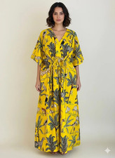 Indian Yellow Tiger Handmade Cotton Kaftan Maxi Dress Women's Clothing Gown US