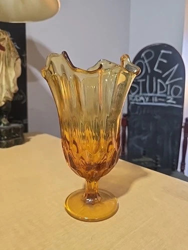 Vtg Fenton Colonial Thumbprint Amber Swung Handkerchief Pedestal Vase 8”