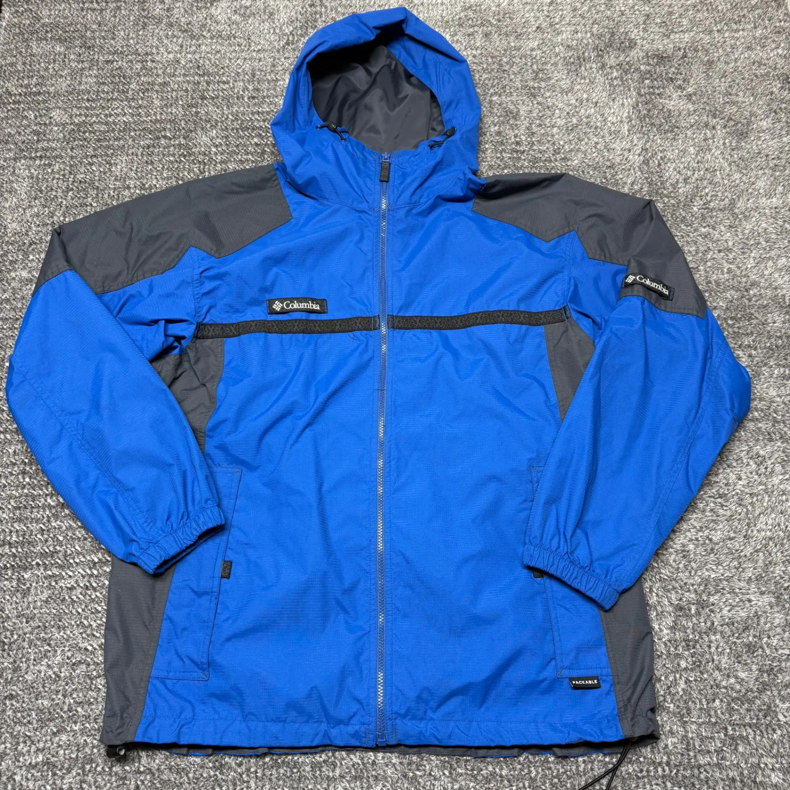 Columbia Mens Hooded Rain Jacket Windbreaker L Blue Gray Packable Full Zip