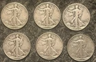 Lot Of 6 - 90% Silver Walking Liberty Half Dollars 1941s, 43p,43s,44d,44s, 46s