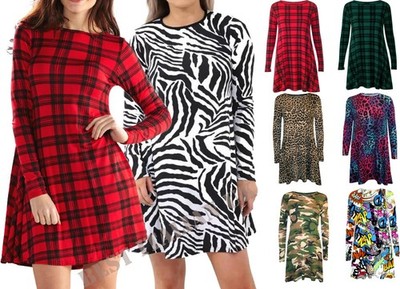 Women Long Sleeve Print Swing Dress Flared A Line Skater Dress Top Size 8-26