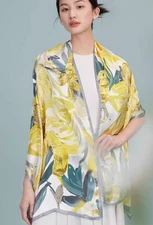 100% Silk Scarf Women neckerchief long Shawl Wrap floral yellow gray MY200-10