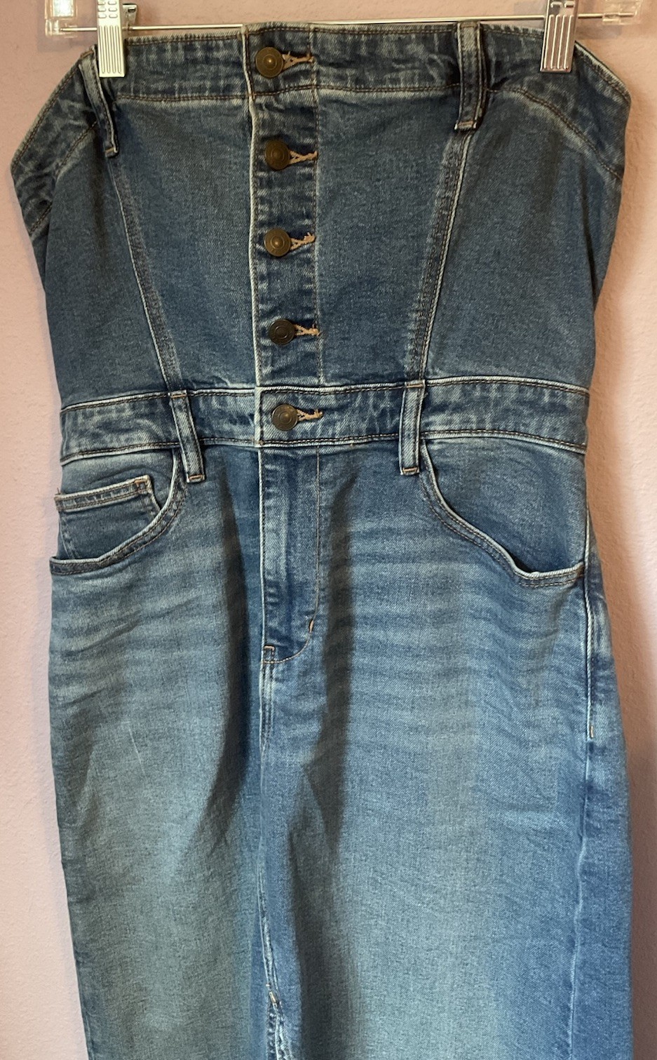 American Eagle Strapless Button Front Slit Denim … - image 2