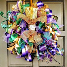 Large Handmade Mardi Gras Front Door Wreath Pre-Lit Fleur De Lis Deco Mesh Decor