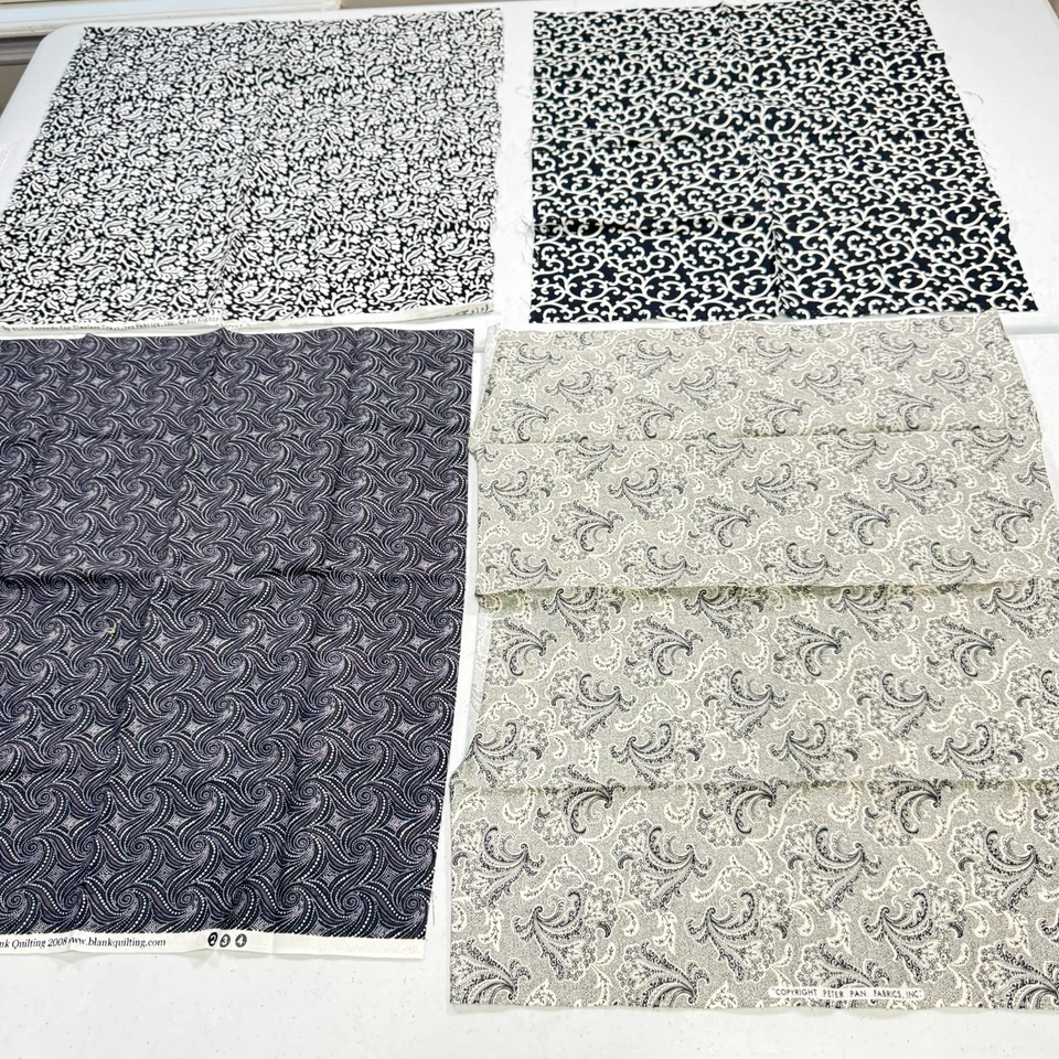 Juego de 3 remolinos florales negros tela acolchado algodón en blanco Foto 2 de 4