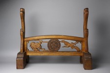 Era KATANA-KAKE wooden Oda quince crest with crane and turtle design, openwork