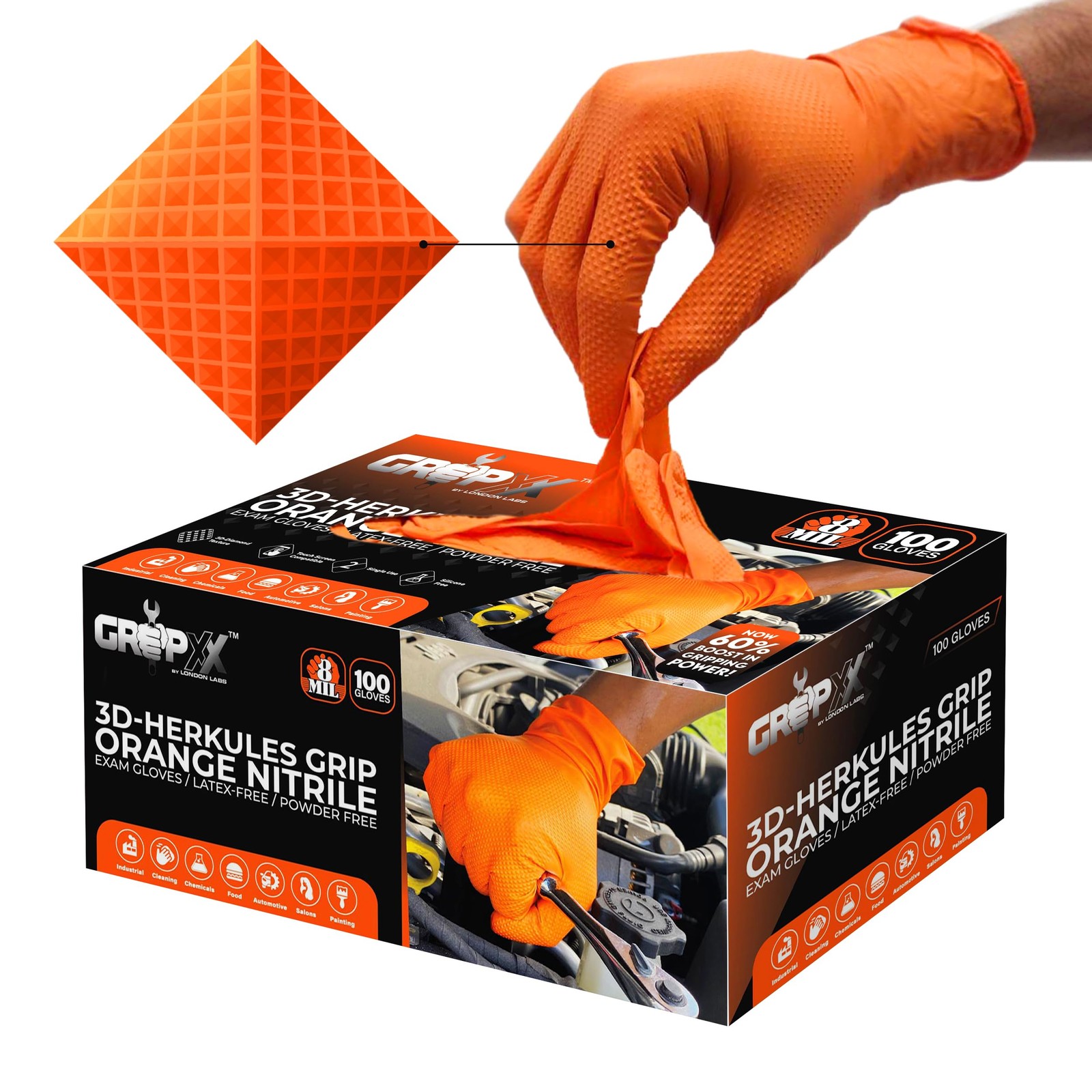 Herkules Grip 8Mil Orange Nitrile Gloves with 3D Diamond Texture – Heavy Duty