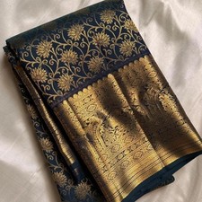 Exquisite Dark blue Silk Saree   Antique Gold Zari Traditional Peacock