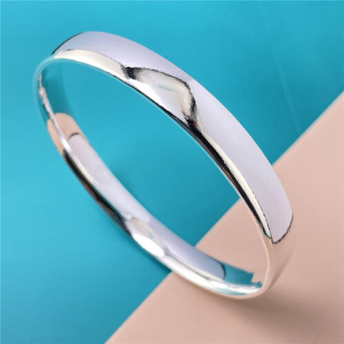 925 Silver Round Bangles Bracelet Womens Classic Fashion Smooth Bangle Jewelry - Afbeelding 1 van 5