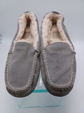 UGG Slippers Womens 11 Moc Shearling Slip On Loafers Grey White Suede Square Toe