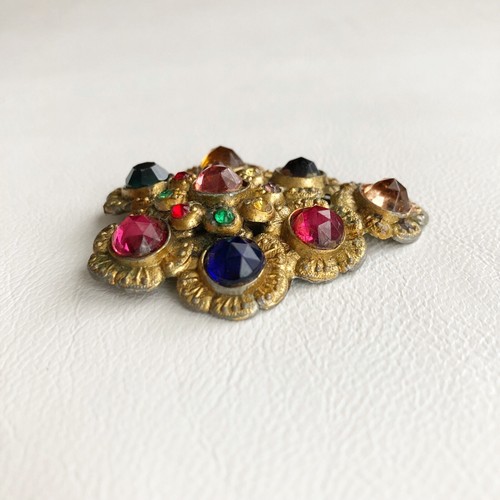 ANTIQUE VTG GLASS JEWELED METAL DRESS CLIP MULTI COLOR PINK PURPLE GREEN FLORAL - Picture 3 of 8
