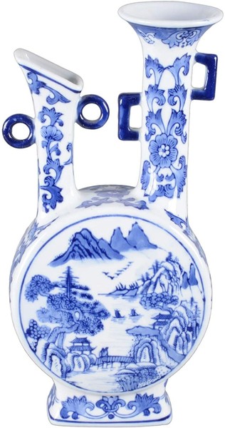 Porzellan Vase / Blumenvase / Doppelhals-Vase Landschaft, Blau/Weiß 32Cm-image