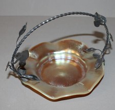 Art Glass Basket or handle Tray – Metal Handle signed Kew-Blas