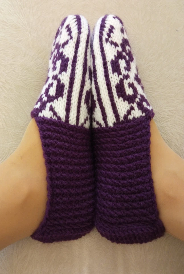 紫色女式手工针织拖鞋袜/7-9 美国尺码/舒适家居鞋/手工礼品 — 第 3/4 张图片