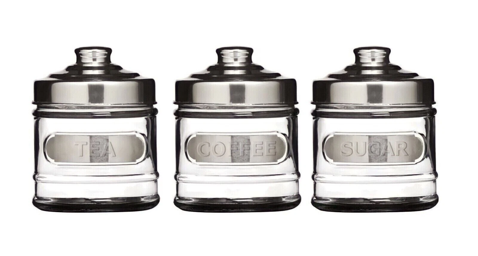 Tea Coffee Sugar Set of 3 Canisters Jars Caddy Food Storage Pots Glass Container