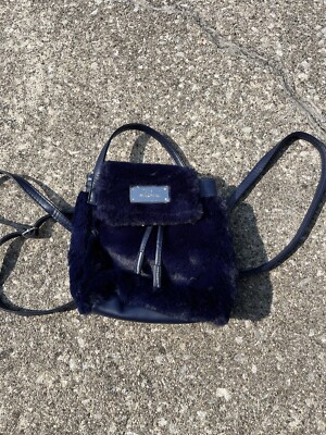 Swarovski Navy Blue Mini Small Fur Backpack Bag Faux Furry Purse