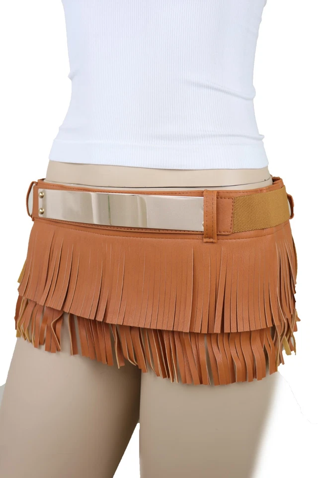 Mujeres Marrón Imitación Cuero Falda Corbata Flecos Playa Piscina Fiesta Cinturón Metal Dorado S M Foto 3 de 4