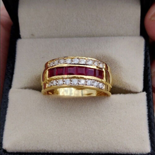 2.20 Ct Princess Lab Created Ruby Men's Wedding Band Ring 14K Yellow Gold Plated - Picture 1 of 4