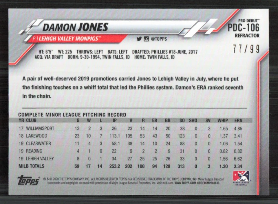 2020 Topps Pro Debut #PDC-106 Damon Jones Chrome Refractor /99 Mariners - Image 2 of 2