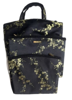 NWOT Set Of 3 Zip Travel Pouch Bags Cosmetics Jewelry Evening Bag Black Gold