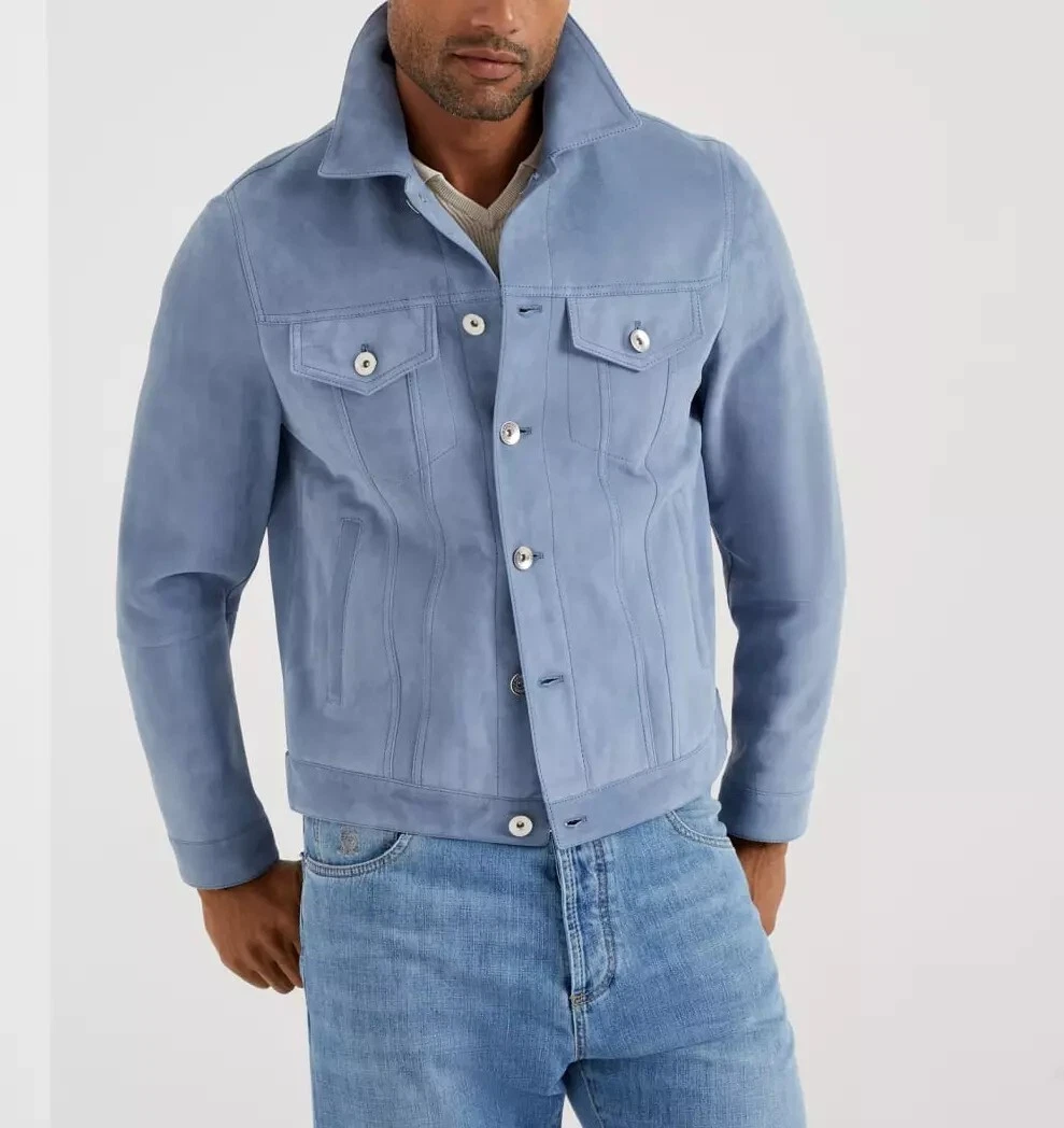 Mens Blue Leather Trucker Jacket Pure Suede Custom Made Size XS S M L XL 2XL-203
